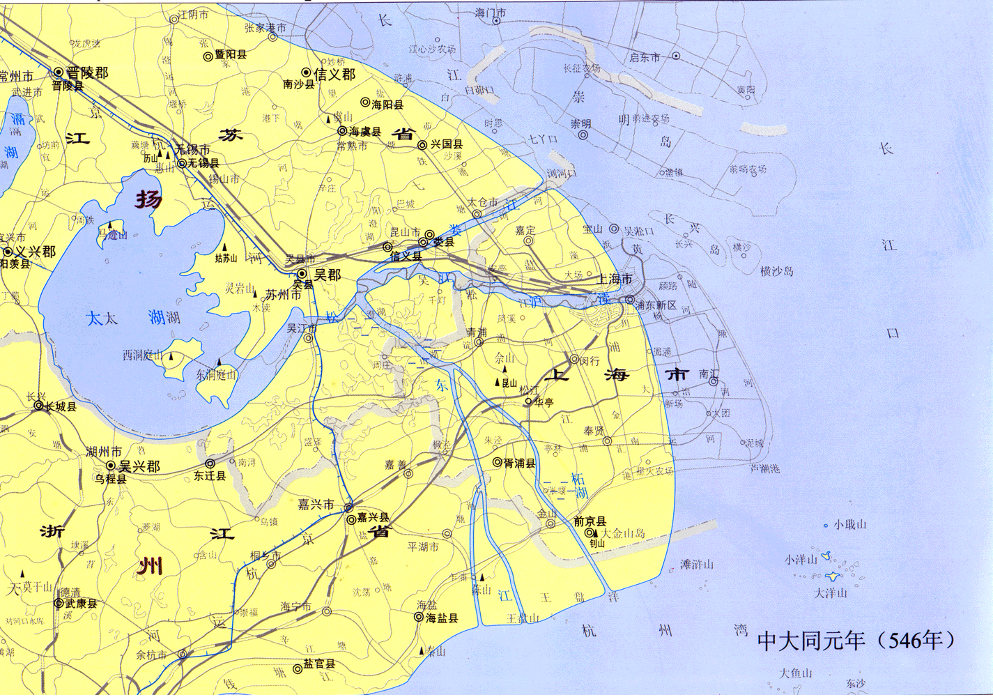 上海历史地图南朝梁时期——中大同元年上海地图